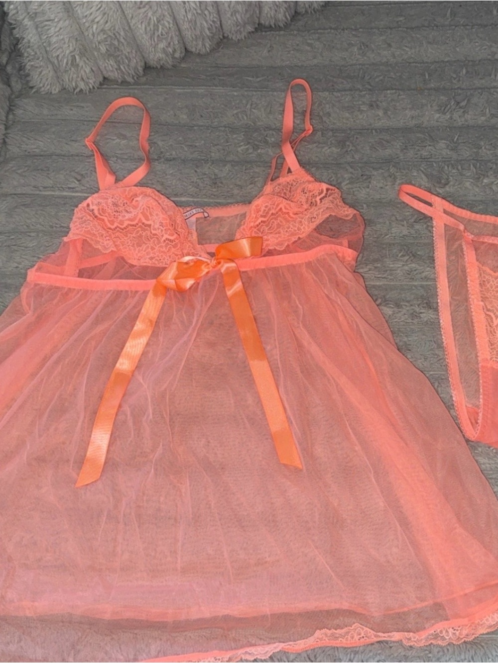 Victoria's Secret Coral Orange Sheer Lace Babydoll Chemise with Satin Bow